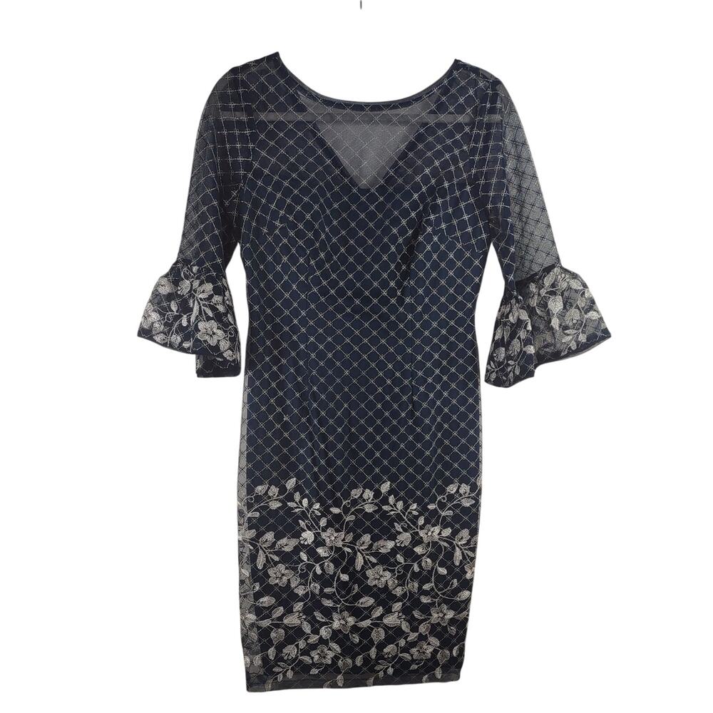 Adrianna Papell Navy Dress with Embroidery, Size Small